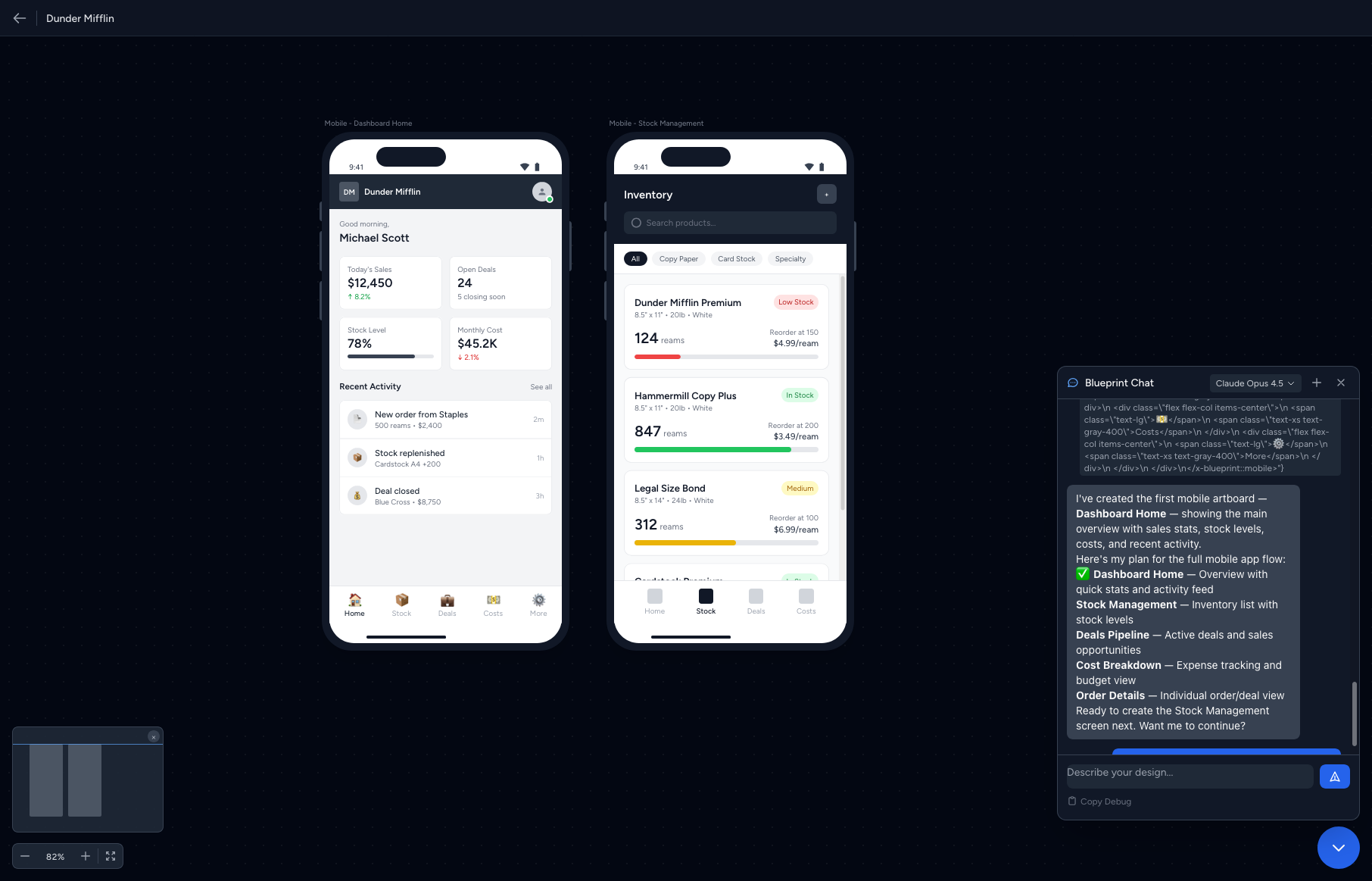 Blueprint collaborative design interface showing AI-assisted mobile app wireframing