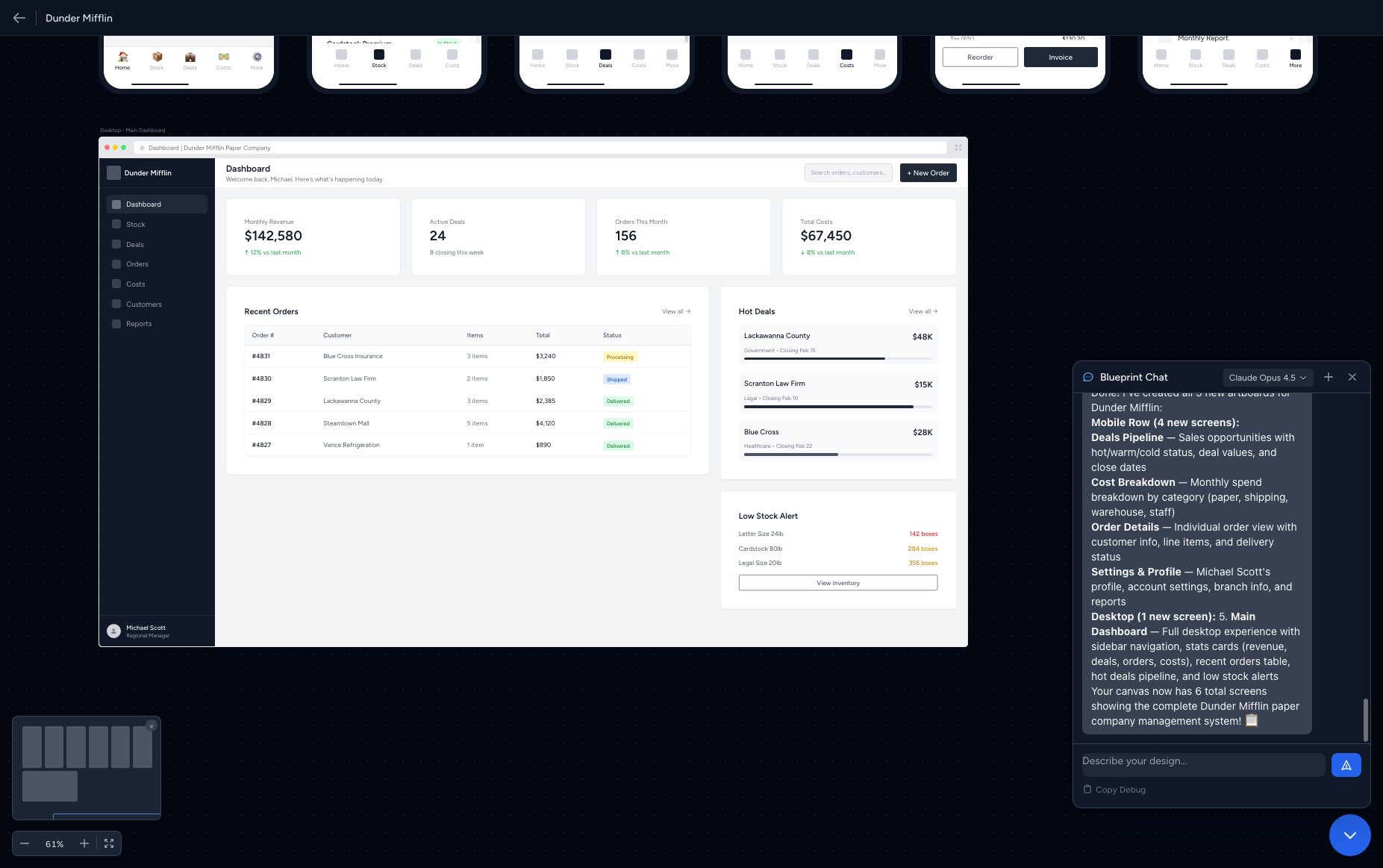 Desktop dashboard wireframe with AI chat assistant generating screen layouts