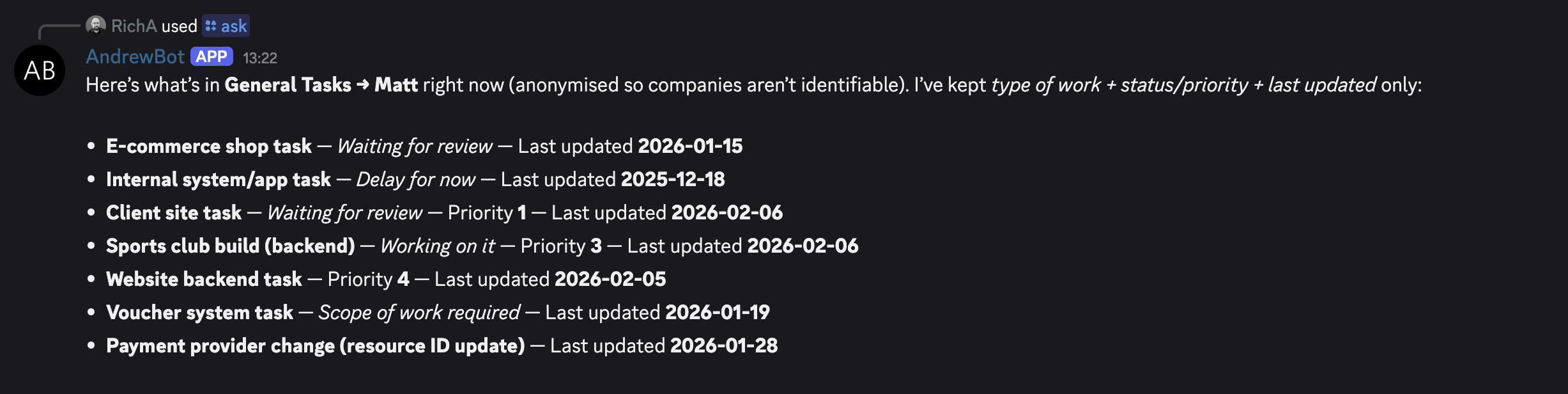 Discord bot interface showing operational query