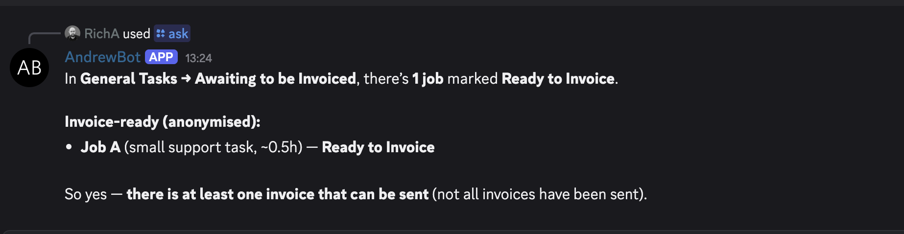 Bot response showing Monday.com data and repository information