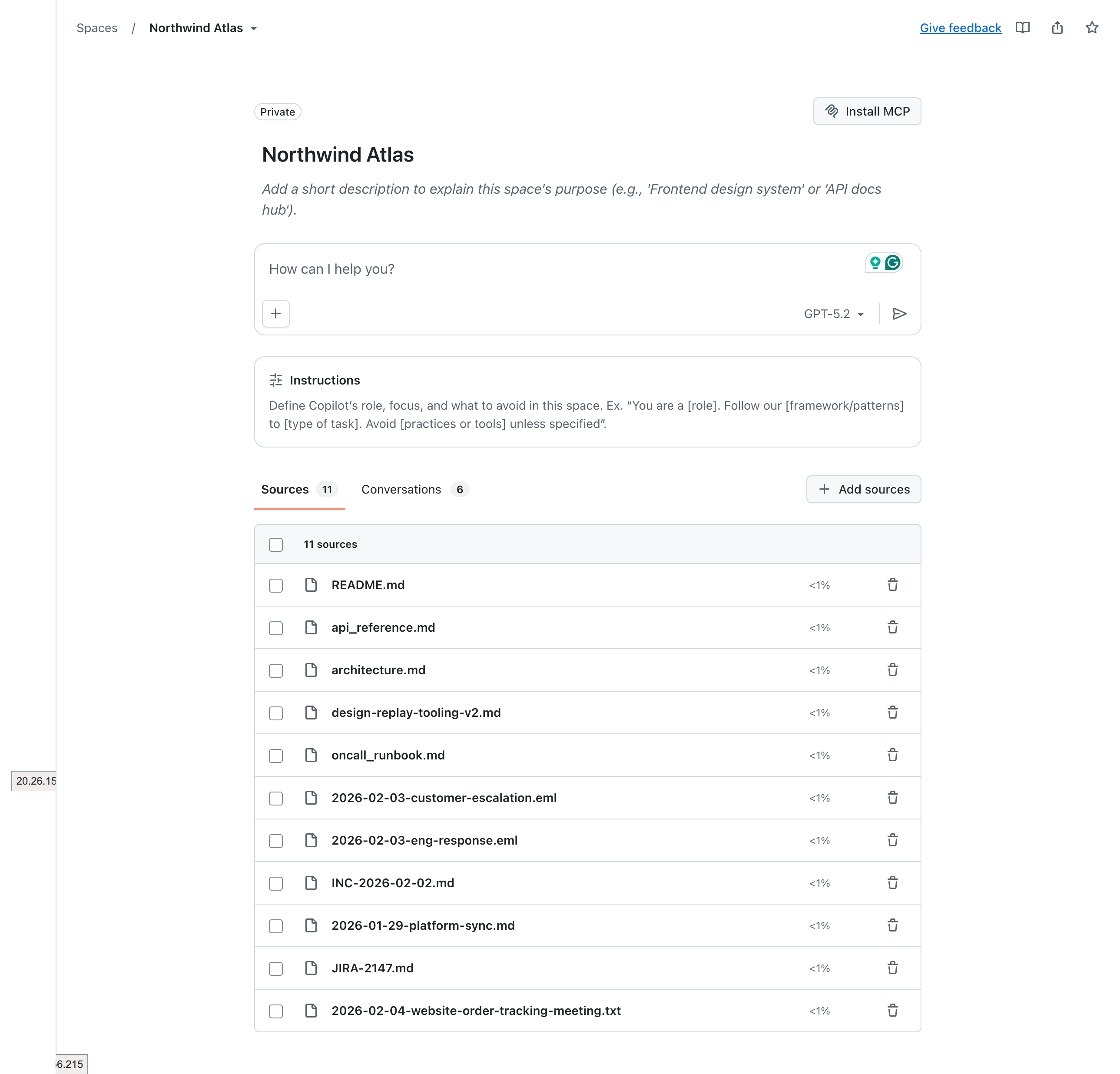 Spaces interface showing customer project workspace