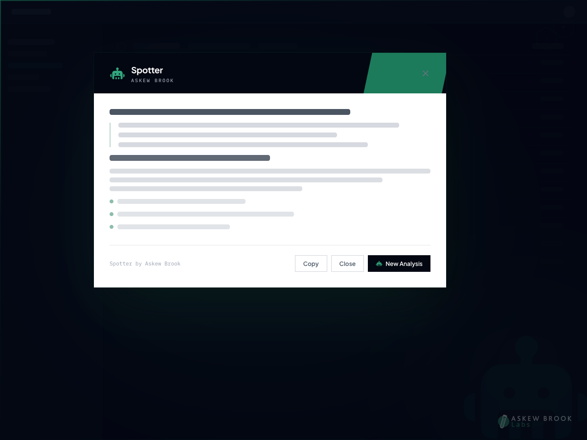 Spotter featured interface showing a completed analysis view inside the modal