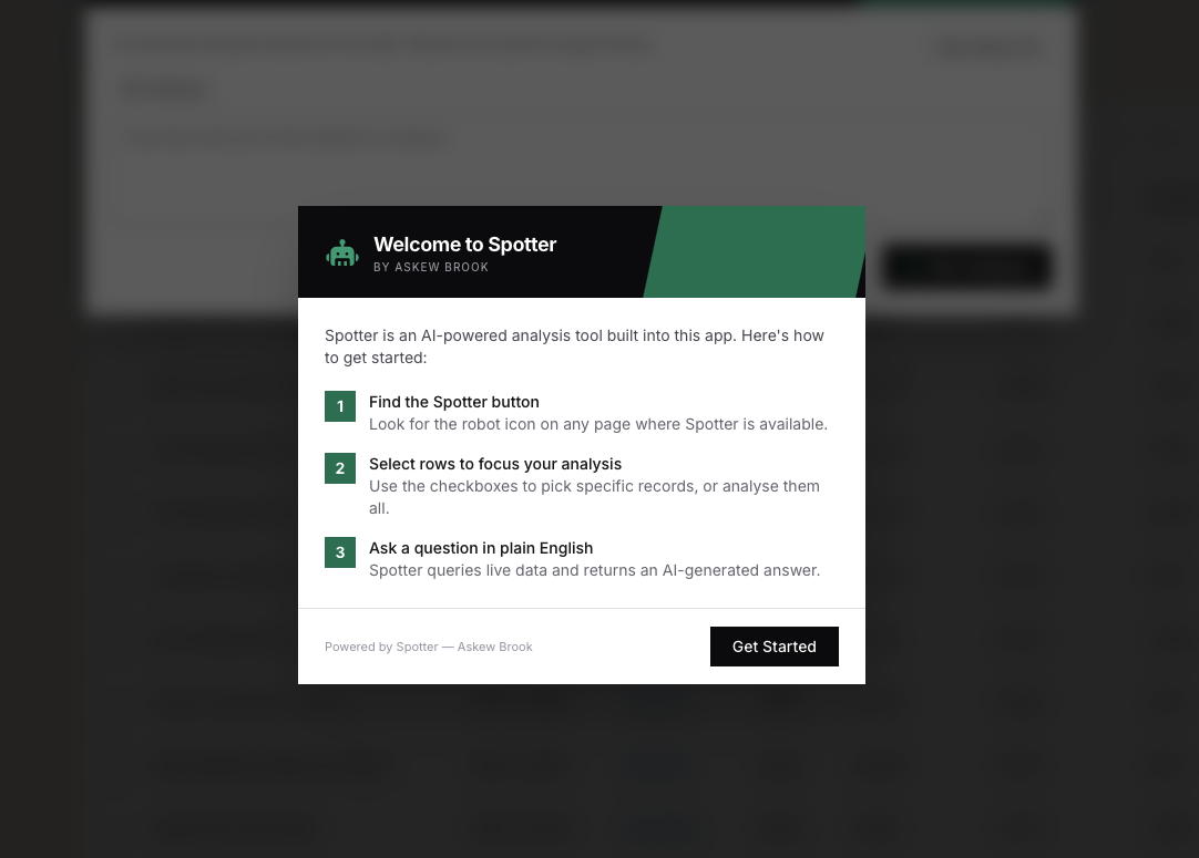 Spotter welcome modal explaining how to get started