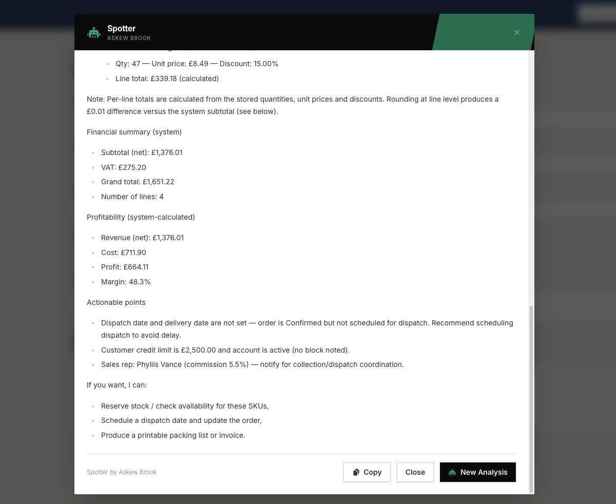 Spotter analysis drilling into a single order with financial and actionable detail