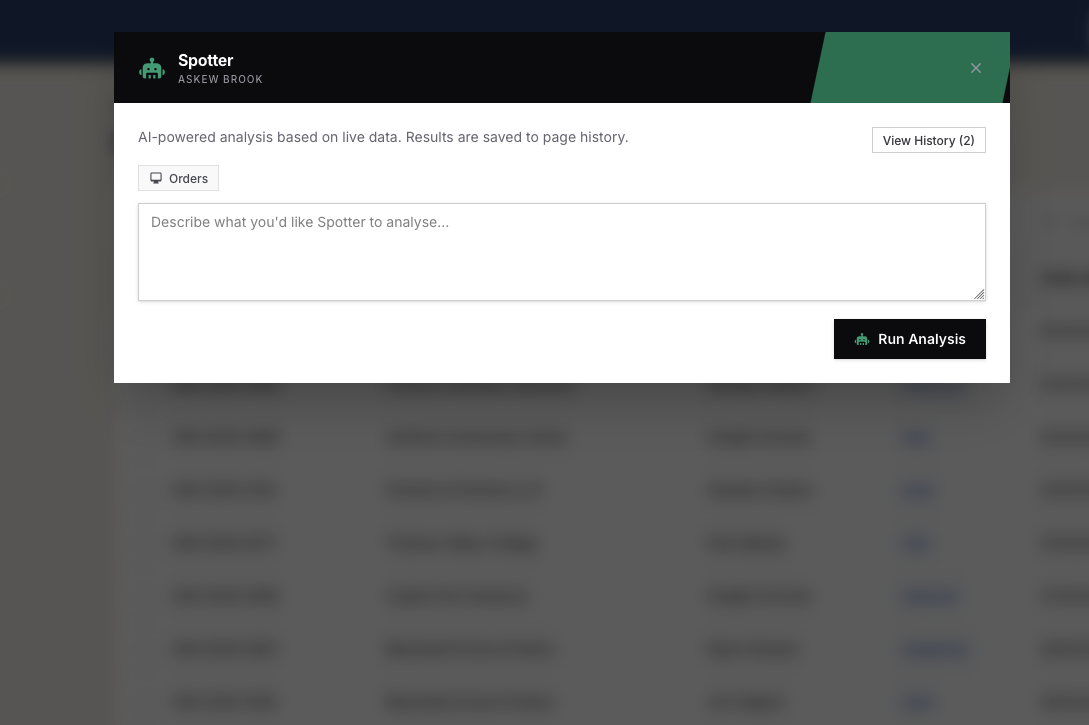 Spotter prompt interface showing a text area, page context, and run analysis action